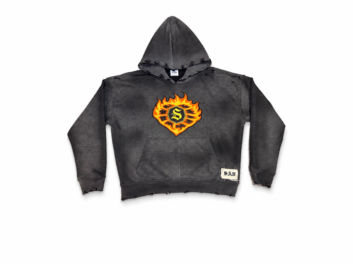 Gray hoodie with a fiery logo on a dark background