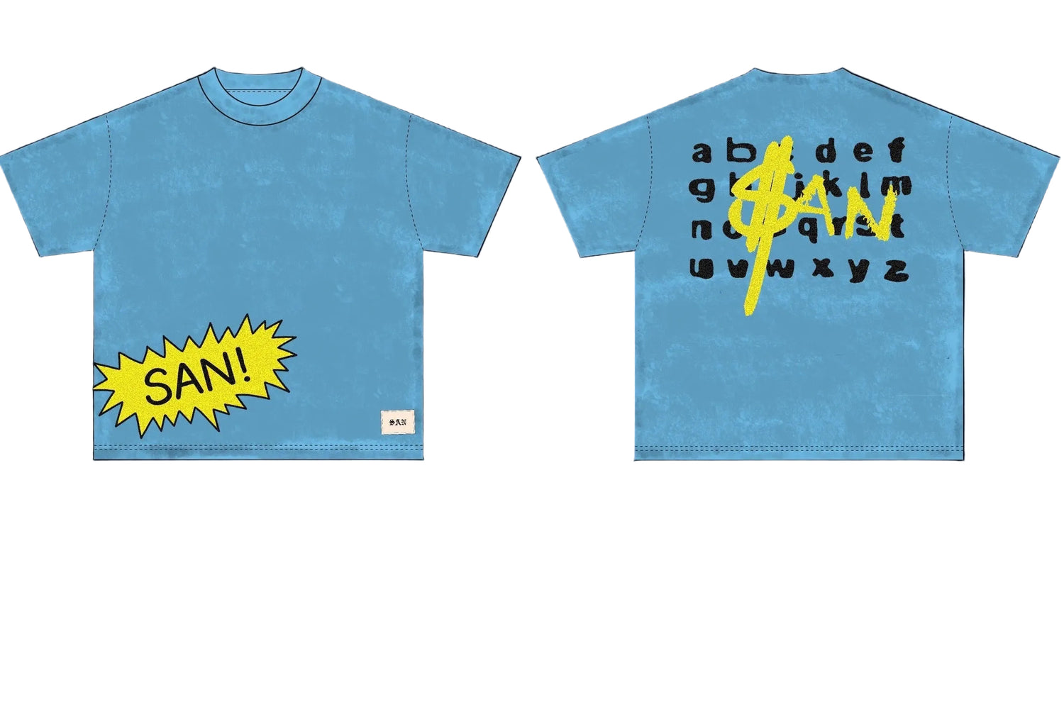 Blue t-shirt with yellow and black text on a gray background