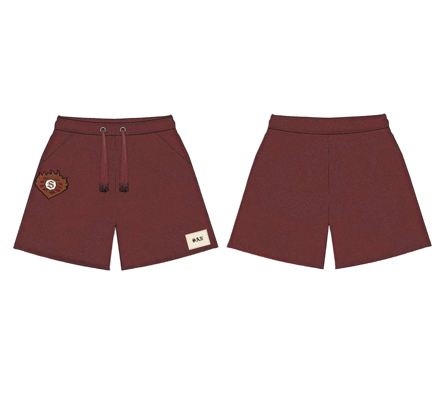 Maroon shorts with a small patch on a gray background